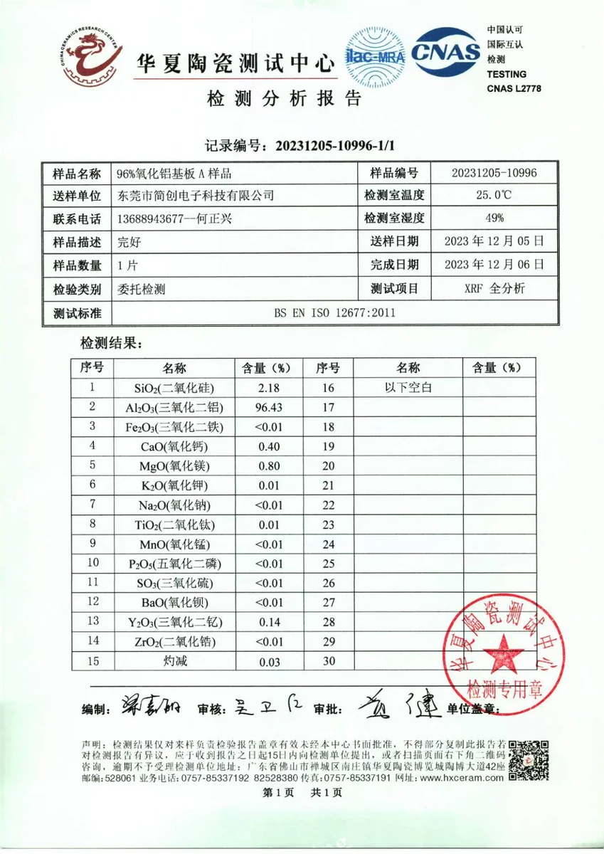 96%氧化铝基板材料成分检测分析报告